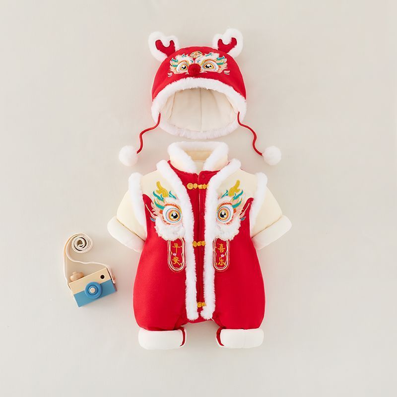 Baby thickened winter clothes newborn outfit new year bodysuit baby red full month celebration winter new year's greeting