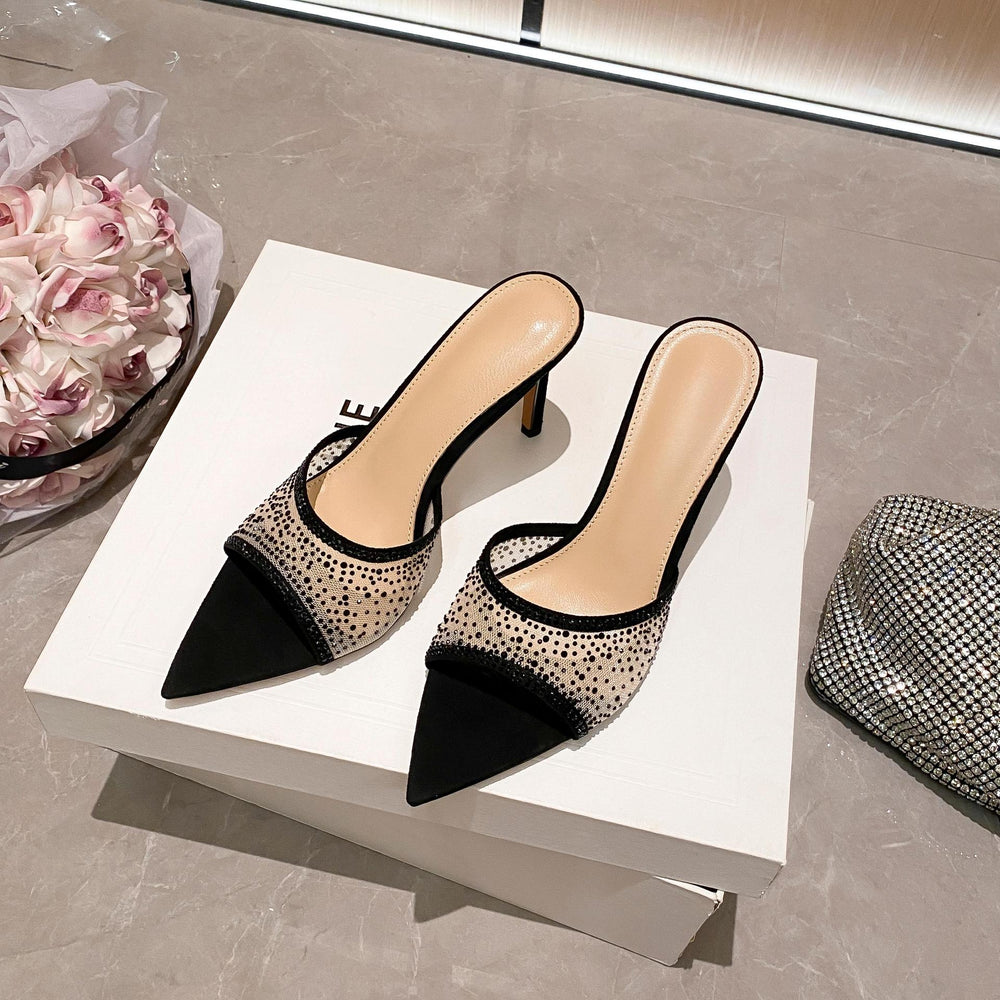 Yx open-toe pointed-toe mesh rhinestone sexy thong sandals women's 2026 summer outdoor elegant stiletto high heel sandals