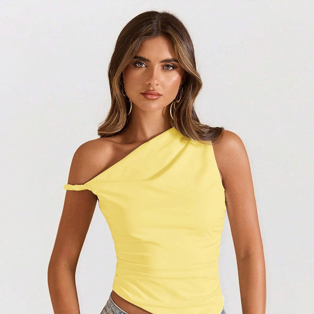 European and american cross-border fashion: fresh and vibrant one-shoulder asymmetrical cut top with ruched detailing - slim fit and figure-flattering