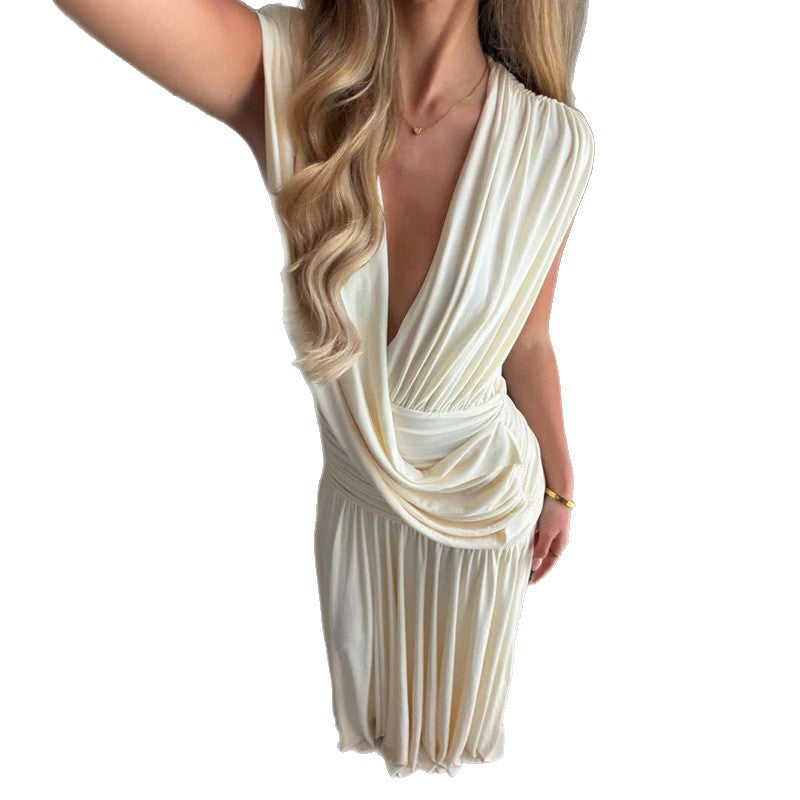 European and american style  spring new arrival solid color deep v-neck sexy slim-fit irregular pleated dress - wholesale for export