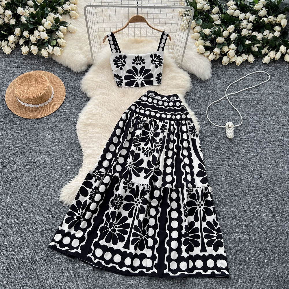 European and american style retro jacquard knit set - women's sleeveless tank top + midi skirt - high-end socialite two-piece outfit