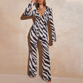 Printed deep v sexy blouse and wide-leg pants two-piece set - women's  european and american autumn fashion casual outfit