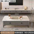 Coffee table and tv cabinet combination, snow mountain white rock slab + gray cabinet, black airplane legs 140+240