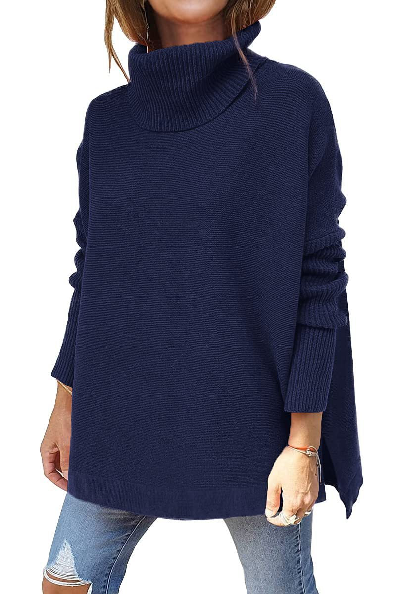 2022 amazon cross-border high neck sweater, mid-length batwing sleeve, cinched hem, pullover knit sweater for women