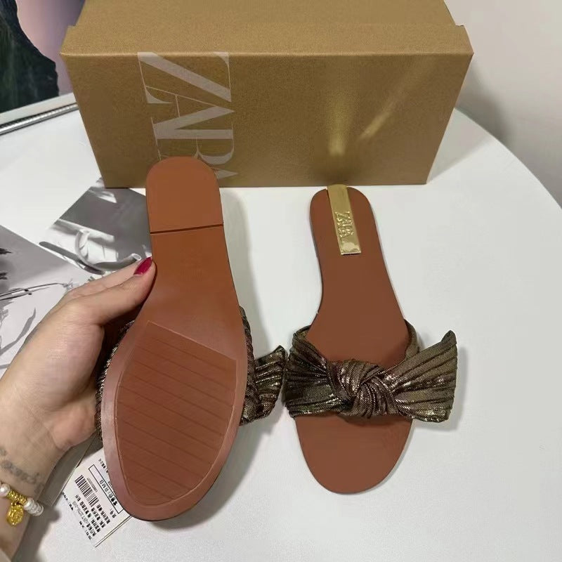 Za summer new women's shoes gold metallic bow flat sandals retro style flat sandals outdoor slides