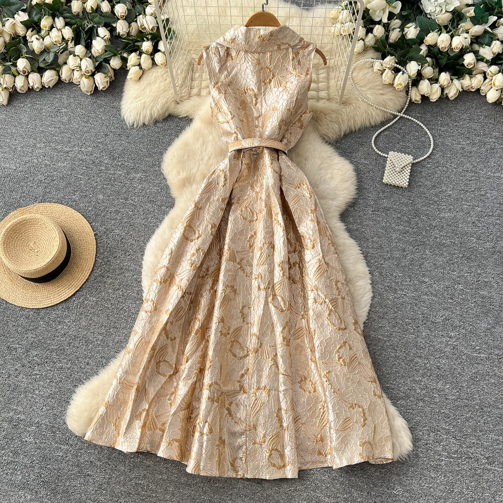 Elegant and chic jacquard dress with suit collar - sleeveless, tie-waist, slimming a-line maxi dress for women - perfect for summer