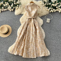 Elegant and chic jacquard dress with suit collar - sleeveless, tie-waist, slimming a-line maxi dress for women - perfect for summer