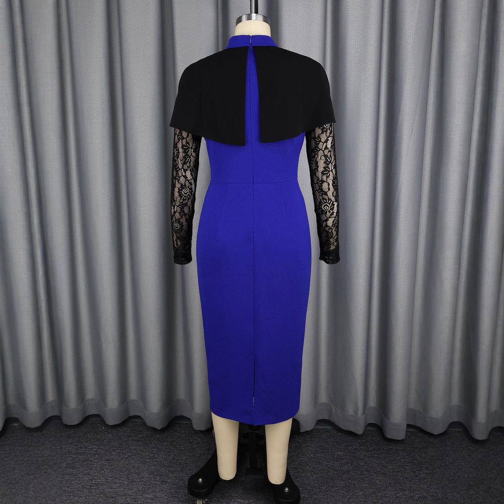 Fashionfashion stand collar cape contrast colordress lace single breasted waist party silm hip skirt dress
