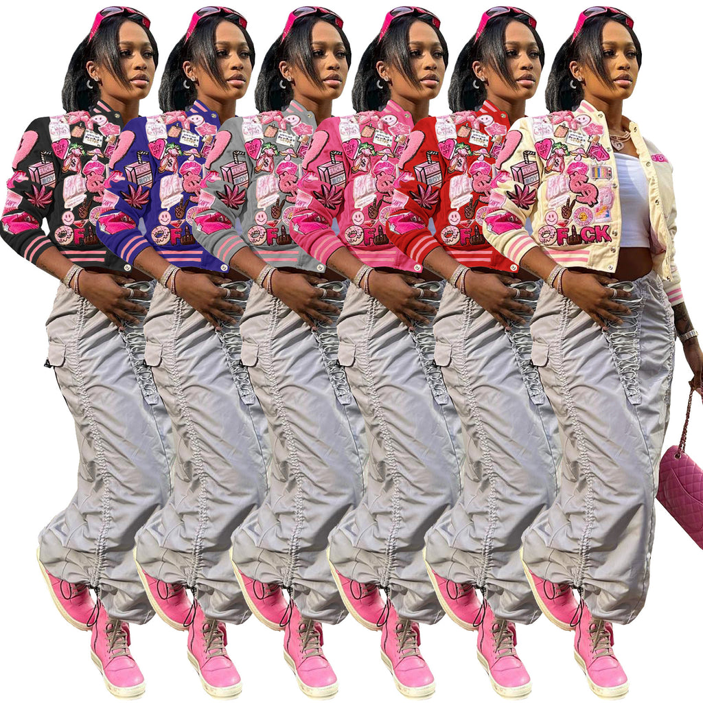 HR23012 European and American women's clothing,  supply, fashion printed baseball jacket