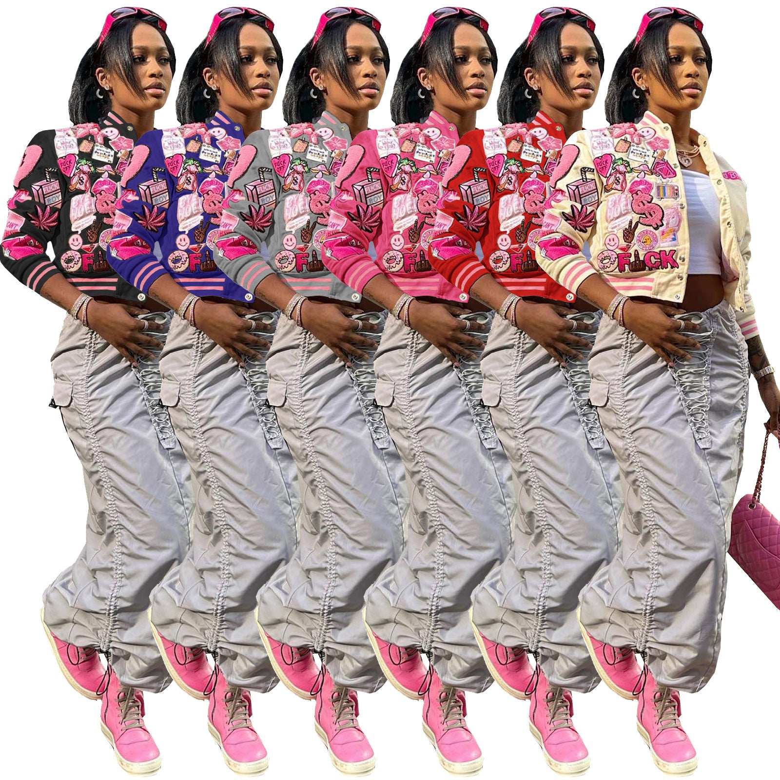 HR23012 European and American women's clothing,  supply, fashion printed baseball jacket