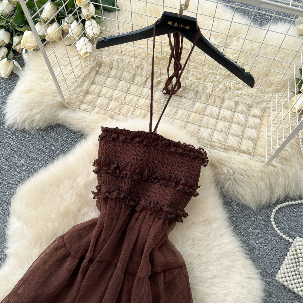French chic sleeveless high-waisted a-line coffee-colored dress - women's summer slimming cake dress - vacation style maxi dress