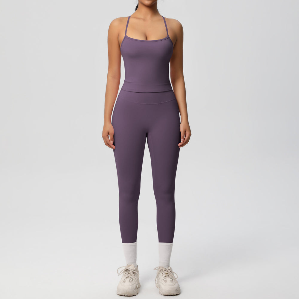Ready-to-ship, solid color, nude-feel, double-sided brushed, racerback, form-fitting activewear yoga set – perfect for running and fitness. two-piece set