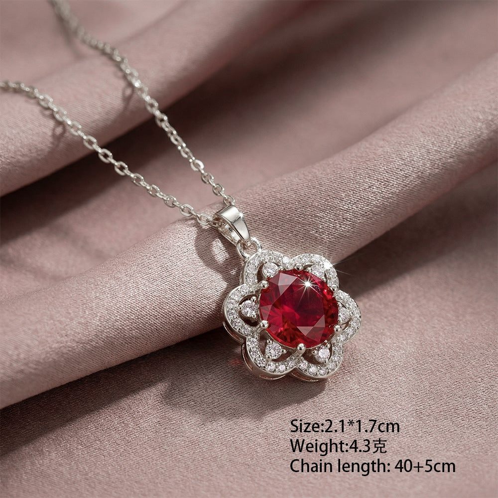 Luxury fashion white frame ruby flower full diamond necklace for women - versatile, minimalist, unique, non-fading choker jewelry
