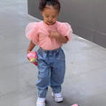 European and american style cross-border children's summer outfit: solid color sweet bubble sleeve lace top with beaded open-pocket denim pants set