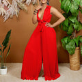 C8533 european and american style women's summer  new fashion v-neck long sleeve turn-down collar loose pleated wide leg jumpsuit - cross-border e-commerce item