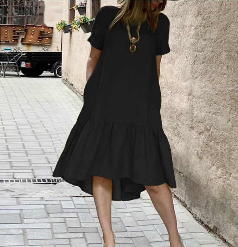 cross-border solid color crew neck short sleeve cotton pullover ruffle hem midi dress for women
