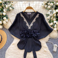 Gentle and lazy style v neckcasual short-sleeved shirt for women  spring strap waist stereo flower decoration tops