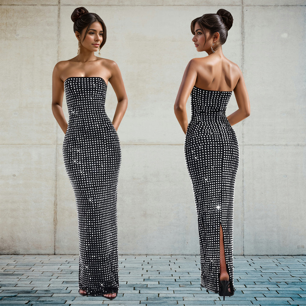 C7187 cross-border   fashion women's dress - sparkling rhinestone sexy backless slit party dress - new arrival