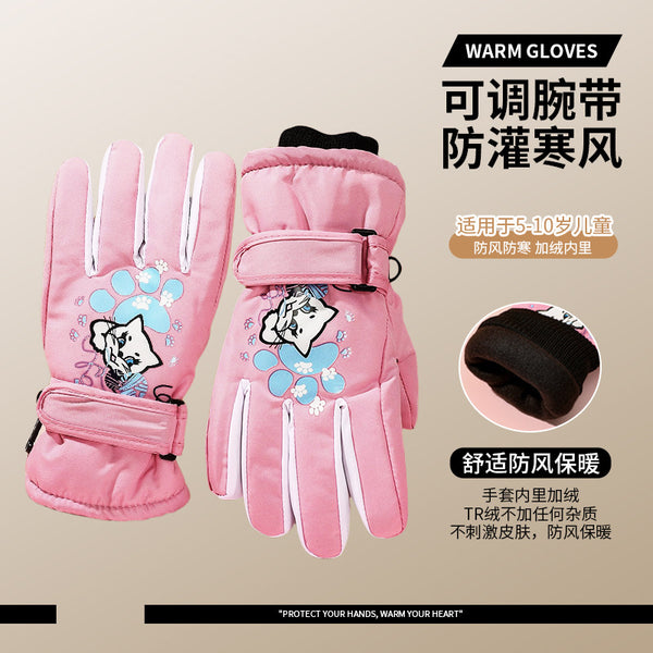 Strictly selected children's ski gloves kitten print knitted windproof piled thickened warm outdoor gloves