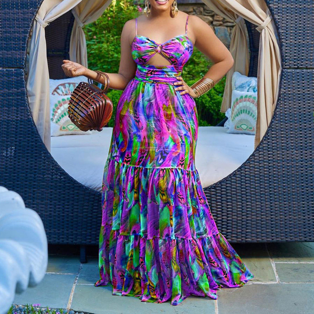 Y9335  cross-border summer new arrivals: european and american style sexy camisole dress - printed sleeveless backless maxi dress