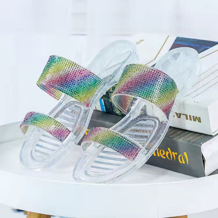 Women's slippers summer 2024 new fashion rhinestone stylish ladies' outdoor wear girly heart flat one-strap crystal sandals