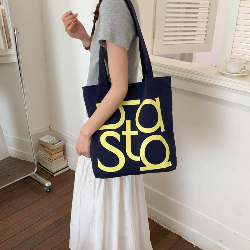 letterprinting nylon tote bag large capacity casualcontrast colorsatchel bag korean style simple canvas bag for women