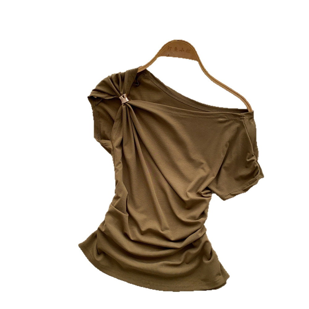 Korean style commute chic off-the-shoulder t-shirt: soft, breathable, relaxed fit with a cinched waist and asymmetrical design