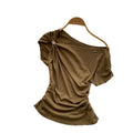 Korean style commute chic off-the-shoulder t-shirt: soft, breathable, relaxed fit with a cinched waist and asymmetrical design