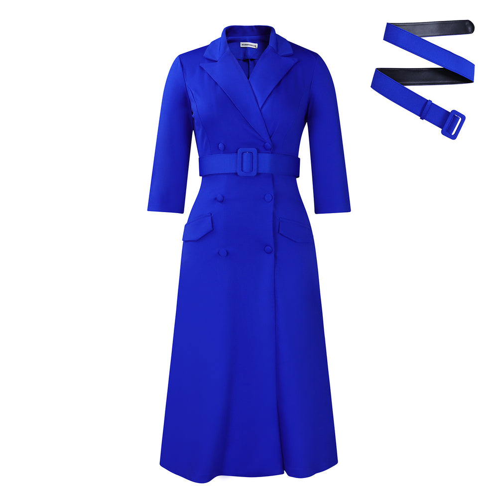 D3294export women's fashion elegant double-breasted suit collar pure colordress medium long cross-border dress