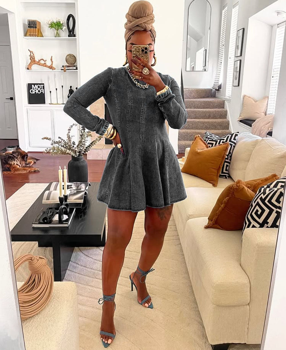European and american style pleated denim a-line skirt -  cross-border women's fashion - new autumn/winter trendy patchwork denim dress