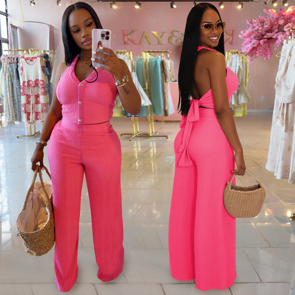 C7461 cross-border   fashion women's casual halter tie-neck top and pants two-piece set
