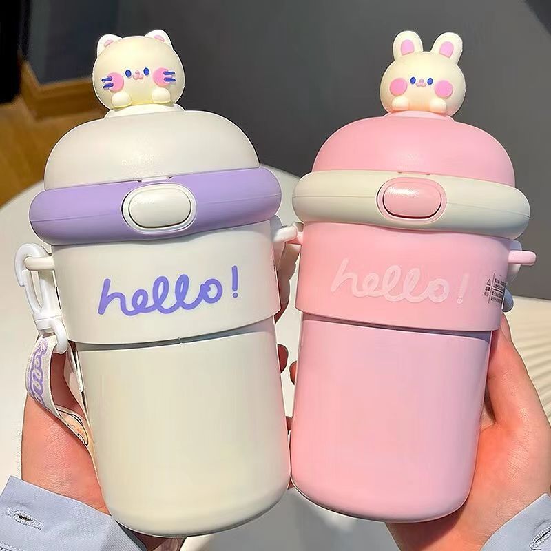 Cartoon bouncing glass cup - large capacity, portable, high-value design for women, cute strapped mug, promotional gift cup