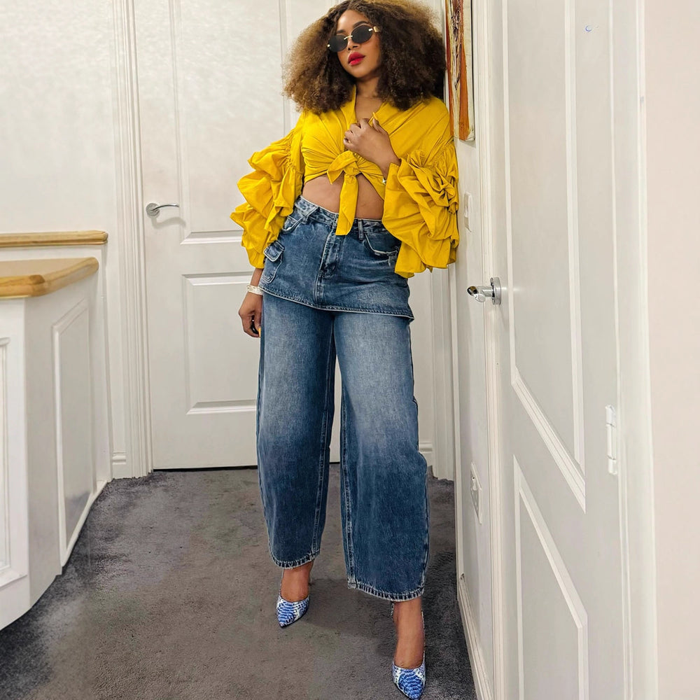 European and american style fake skirt jeans  cross-border women's clothing fashionstylishpatchwork high waist short skirt straight-legpants