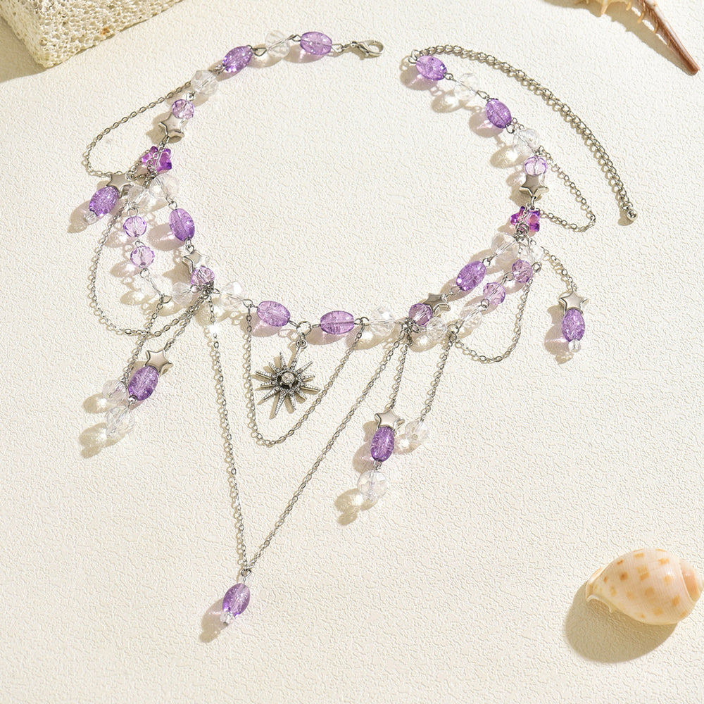 European and american cross-border purple fairy style tassel sun pendant necklace women's retro french layered necklace