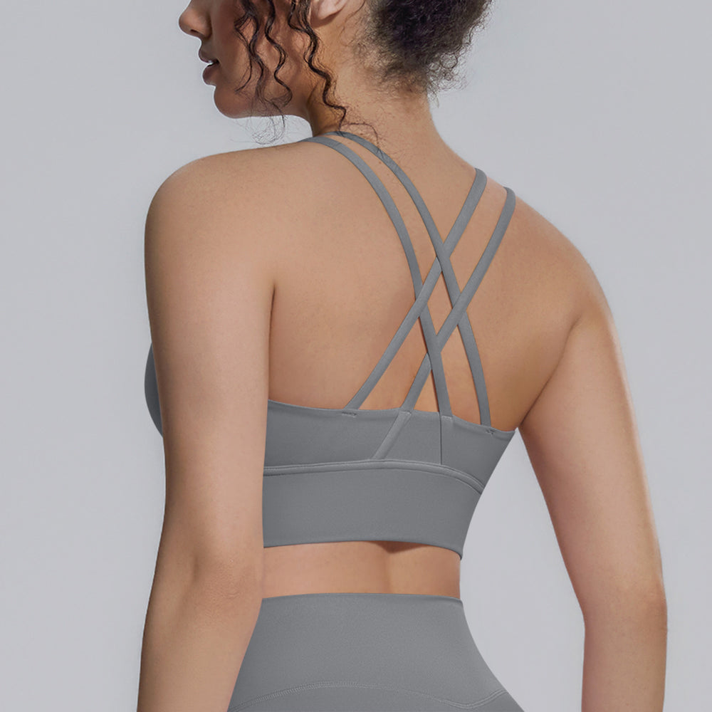 New nylon spandex sports bra - racerback, cross-back, compression yoga top - shockproof, barely-there feel, fitness tank top