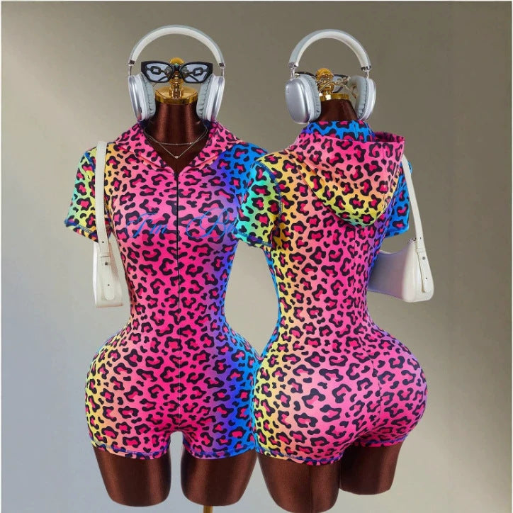 Amazon amplova women's leopard print zipper short sleeve hooded sports jumpsuit daily autum gym wear