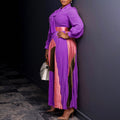 D547 european and american plus size women's clothing  autumn new arrival tie-waist pleated long sleeve color block elegant cross-border dress