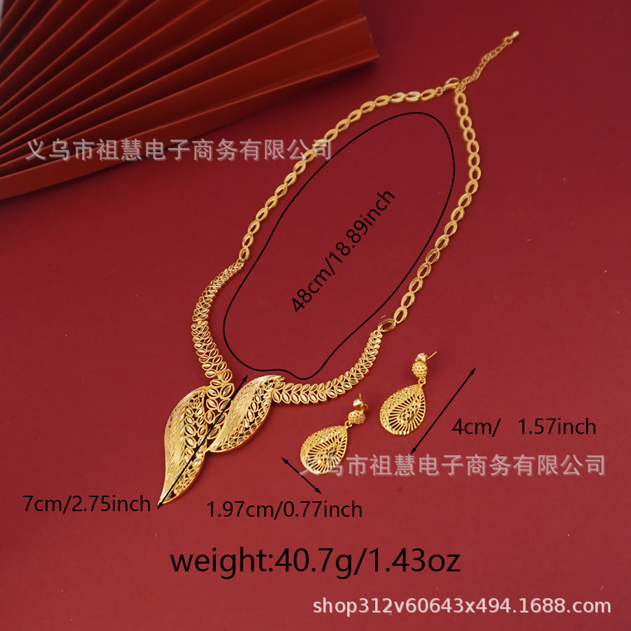 Hollow jewelry tassel suit gold plated elegance leaf earrings, women's classy accessories leaf necklace pendant