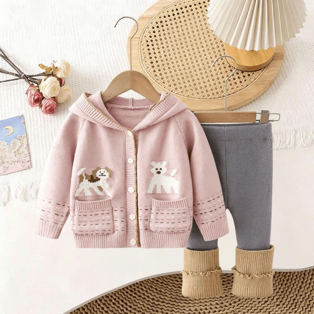 Girls' fall/winter new arrival: cute puppy jacquard hooded sweater jacket & loose pink knit two-piece set