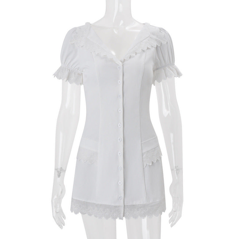 Ins european and american clothing  spring new arrivalfashionclassyelegantslimming lookv neck buttoned puff sleeve dress for women