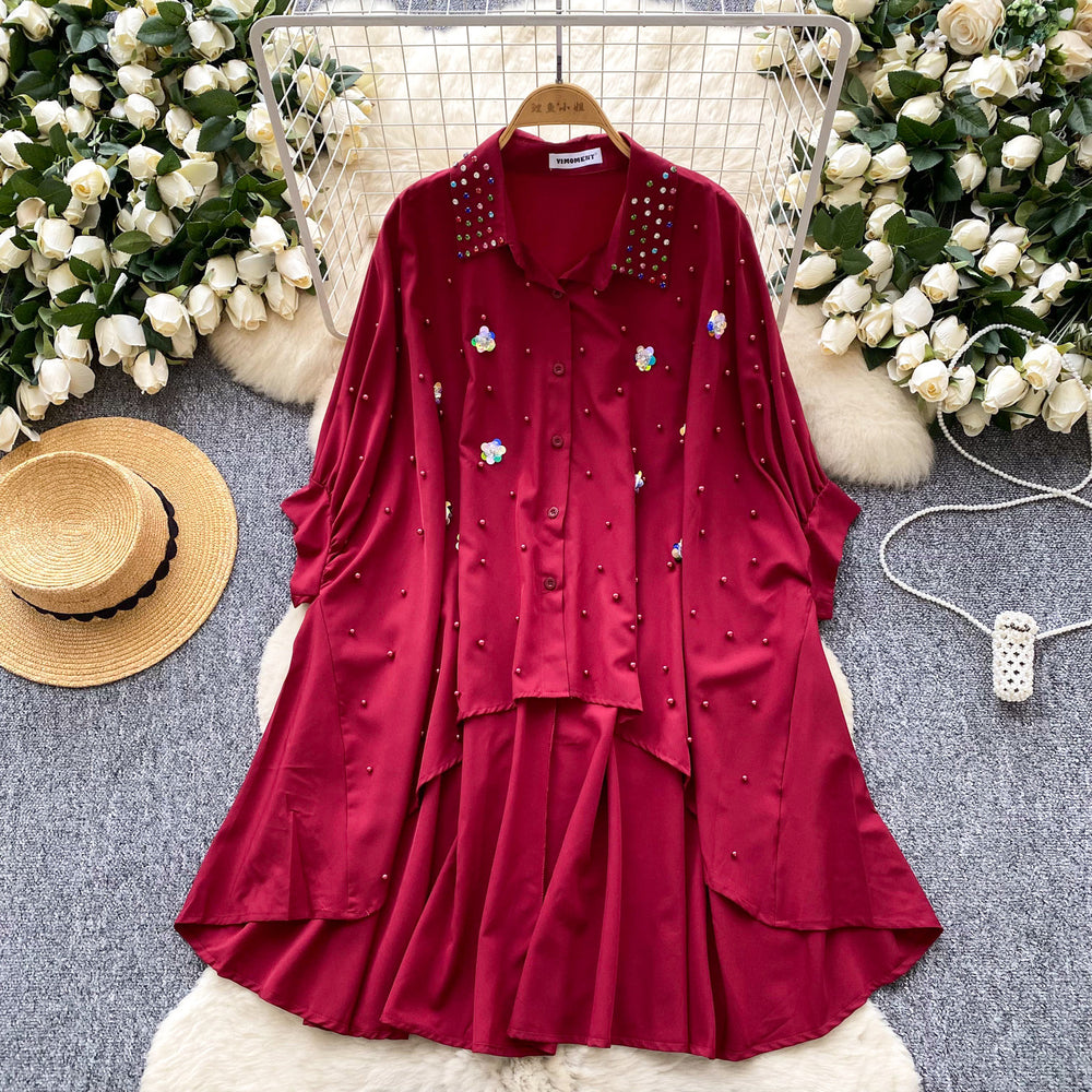 Fashionfashionable heavy industry beading stereo flower shirt women's sense of design asymmetrical loose bat sleeve tops