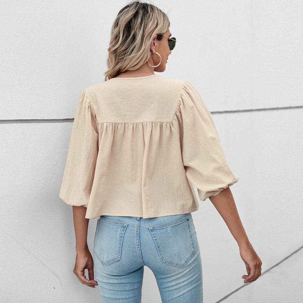 Cross-border independent station 2024 European and American women's clothing crew neck bow loose five-quarter sleeve women's pullover sweet top