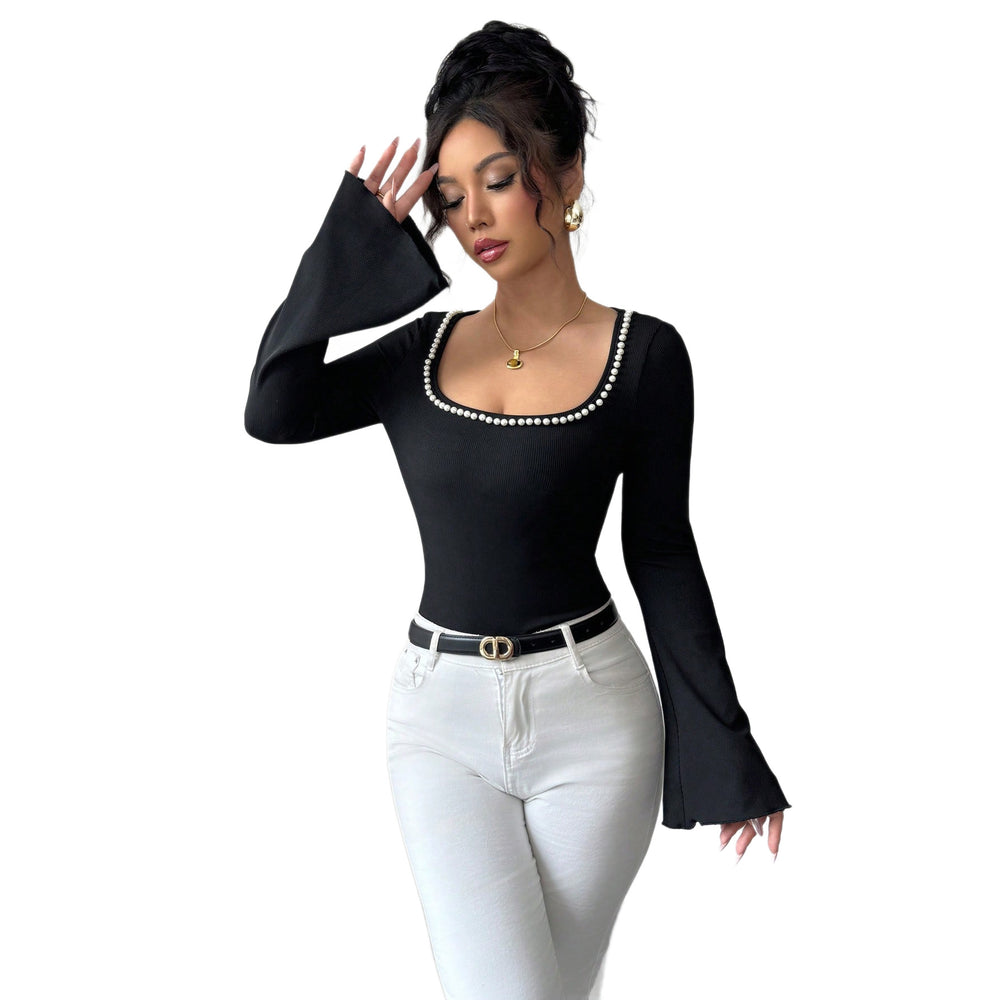 premium black square neck t-shirt for women - pearl embellished flare sleeve slim fit long sleeve top