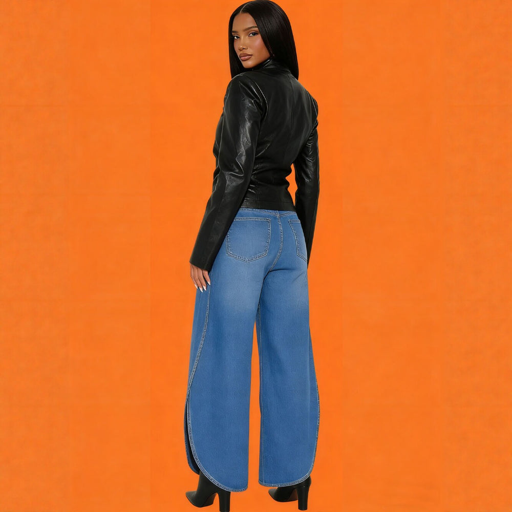 Fashion cross-border new high waist wide leg jeans  foreign trade women's street washed slit scimitar pants