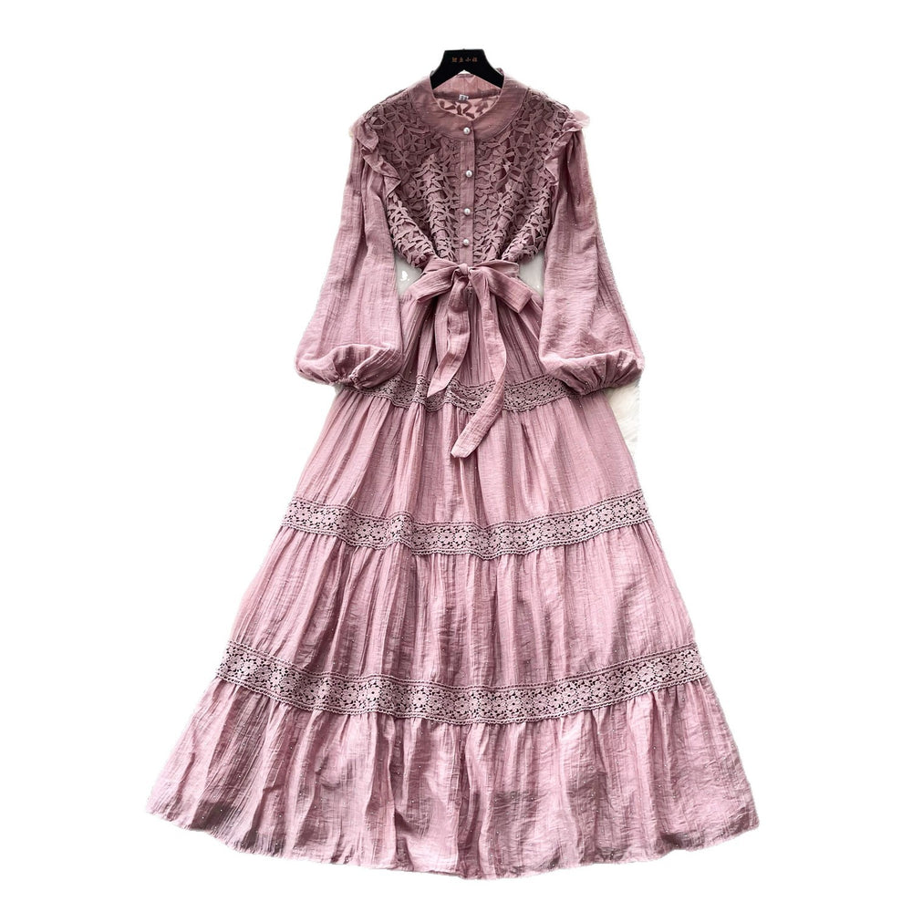 Frenchretro style lacepatchworkdress women's spring long k-style sleeve waist a-line skirt elegant over-the-knee long skirt