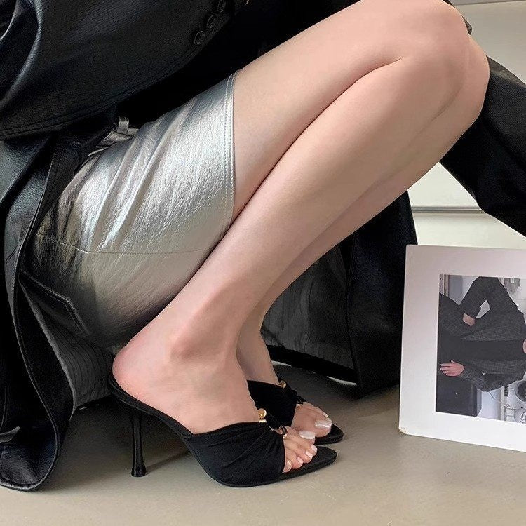 Women's high heels: new summer 2025 collection - ruched, metal buckle, pointed-toe, open-toe sandals with sexy stiletto heels