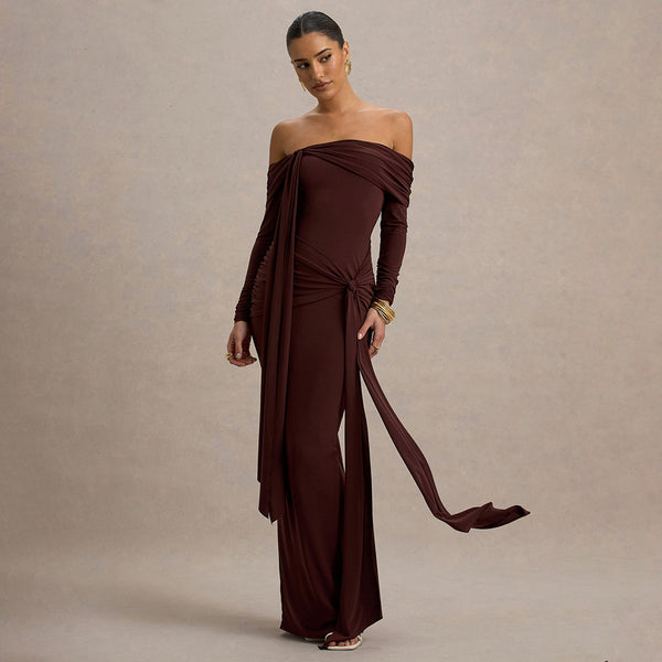 European and American style 2025 new elegant tube top one-word collar streamer dress  fashion shrink-fold slim dress