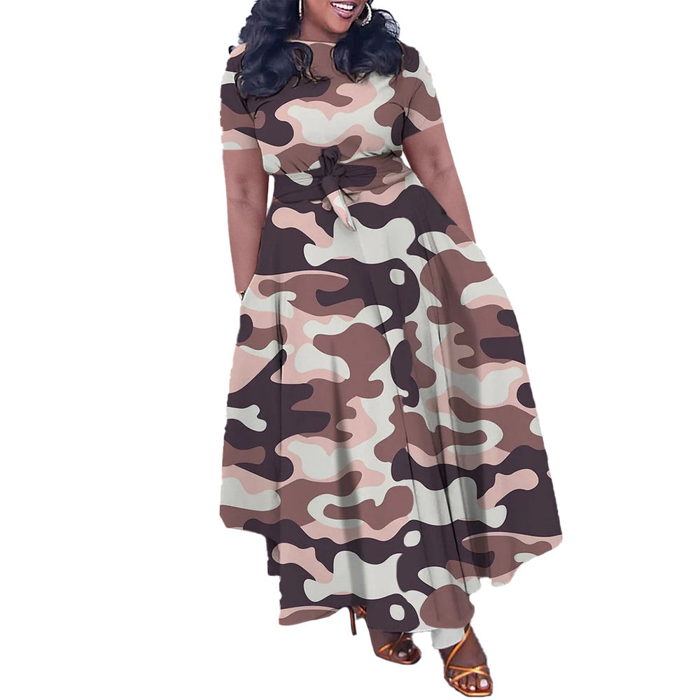 summer new fashion cross-border  elegant women's tie-up printed plus size european and american style dress