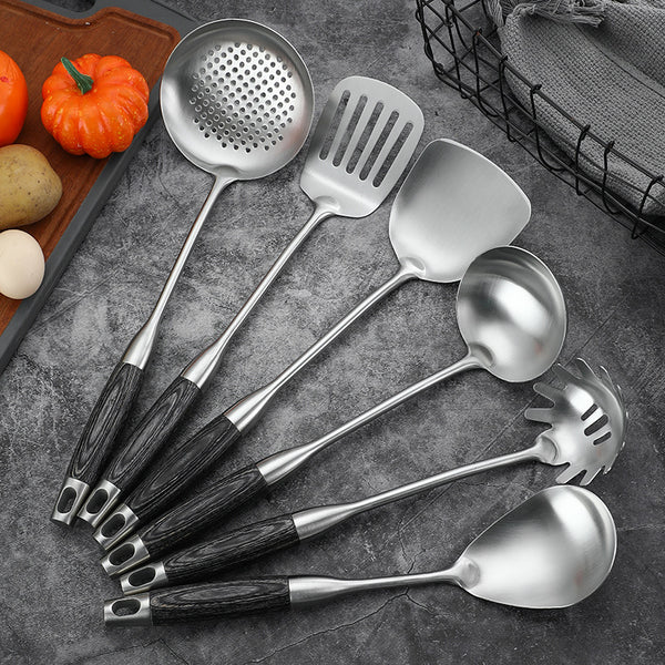 Island Qi 304 Ebony Stainless Steel Pot Scoop Thickened Fried Vegetable Scoop Pancake Scoop Kitchenware Set Spoon Colander