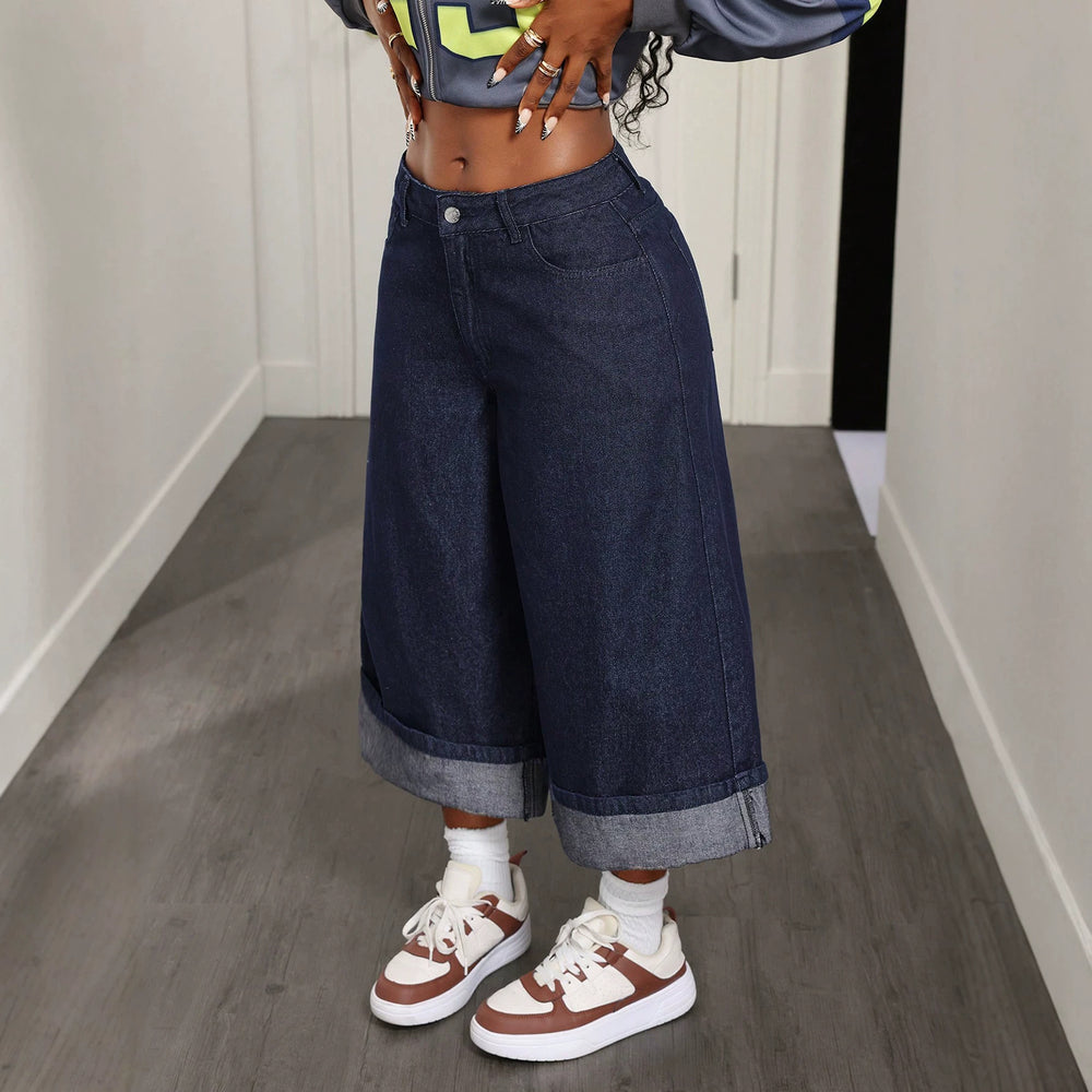 60 in stock-16506  cross-border foreign trade straight-legloosecasual women's curled nine-point pants denim pants